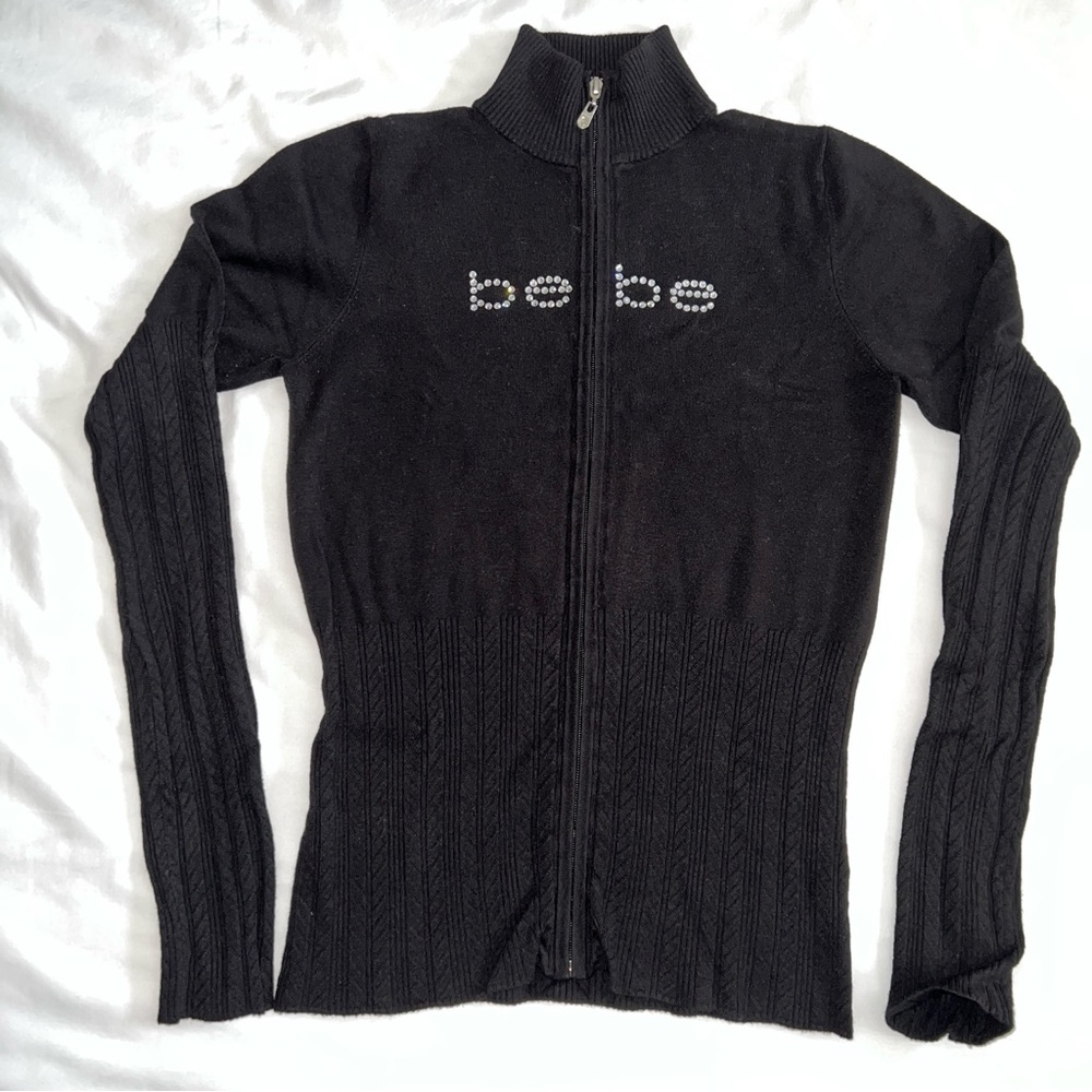 Y2K Vintage bebe Black Zip-Up Logo Sweater Size Small